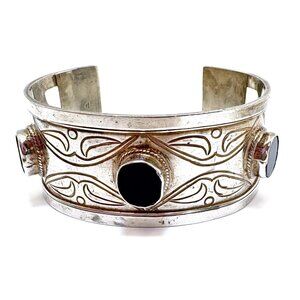 Heavy Solid Sterling Silver Black Onyx Wide Cuff Bracelet Scroll Leaf Design Lg